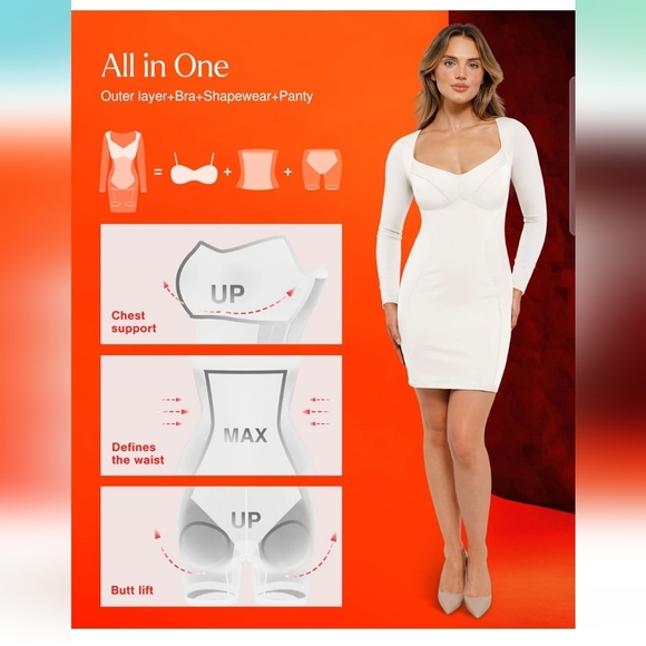 Popilush White Redtag Thermal Longsleeve Shapewear Tummy Control Bodycon Dress L - Picture 5 of 11